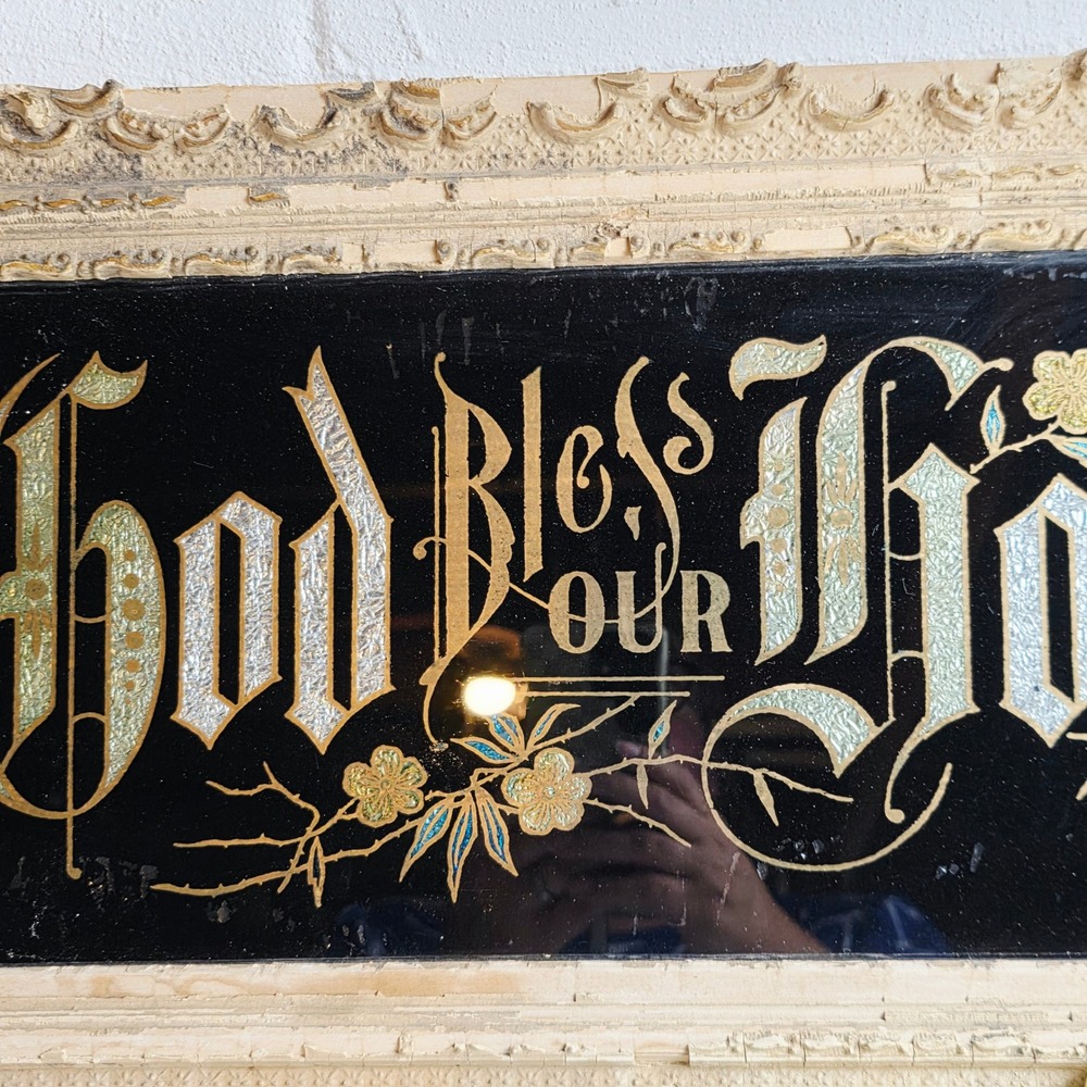 Antique Victorian Reverse Glass Tinsel Painting God Bless Our Home Gesso Frame - Picture 3 of 10